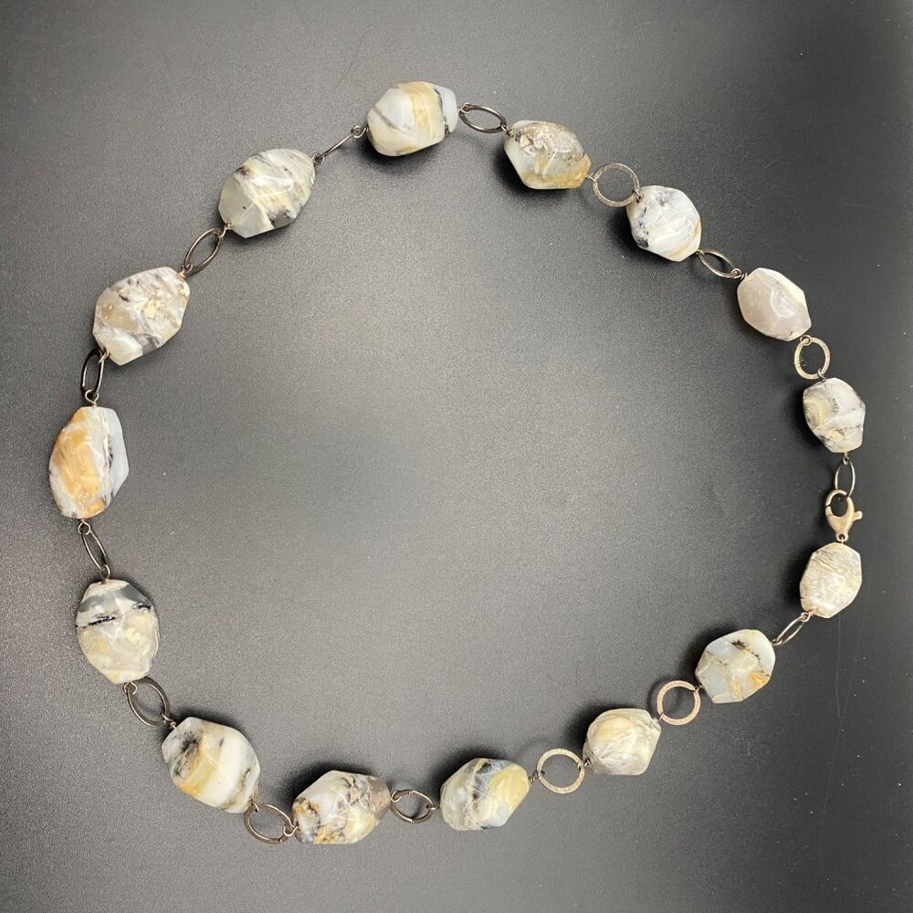 Vintage 21" Natural Banded Agate Nugget Necklace 80g Gray Cream Earthy Unisex